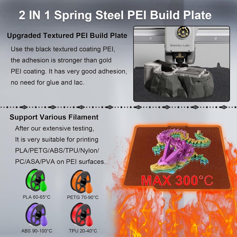 IdeaFormer-3D Double Sided Black PEI Build Plate for Bambu Lab X1/X1C/X1E/P1P/P1S/P2S/A1, Flexible Spring Steel Sheet for Bambu Lab 3D Printers Platform 257x257mm - Image 5